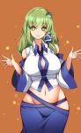  1girl bangs blue_skirt blush breasts bright_pupils brown_background cleavage cleavage_cutout clothing_cutout collared_shirt commentary cropped_legs duplicate frog_hair_ornament green_eyes green_hair hair_between_eyes hair_ornament highres impossible_clothes impossible_shirt kochiya_sanae large_breasts long_hair long_sleeves looking_at_viewer navel no_panties pixel-perfect_duplicate raptor7 shirt sidelocks simple_background skin_tight skirt smile snake_hair_ornament solo symbol-only_commentary touhou white_pupils wide_sleeves 