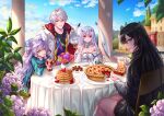  1boy 3girls alice_fiction back bangs bare_shoulders black_hair blue_hair blue_sky blush box_(hotpppink) breasts chair cleavage cloud cup day double_bun drink drinking_glass drinking_straw flower food fruit grin hair_bun hair_ornament head_rest jacket kneehighs long_hair looking_at_viewer multiple_girls neu_(alice_fiction) outdoors pancake pancake_stack parfait pie plant pleated_skirt potted_plant purple_eyes purple_hair red_eyes saucer see-through sitting skirt sky smile socks strawberry table tea teacup teapot wavy_hair white_hair white_socks yellow_eyes 