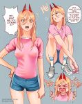  1girl angry artist_name blonde_hair blue_shorts blush breasts chainsaw_man contrapposto covered_nipples english_commentary english_text grey_background hand_on_hip highres horns looking_at_viewer looking_to_the_side medium_breasts no_bra pink_shirt power_(chainsaw_man) sharp_teeth shirt short_shorts shorts slit_pupils snegovski socks solo squatting teeth tongue tongue_out untied_footwear web_address white_socks yellow_eyes 