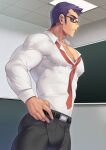  1boy absurdres bara belt black_belt black_pants collared_shirt covered_nipples glasses highres large_pectorals looking_at_viewer male_focus muscular muscular_male necktie original pants pectorals purple_eyes qwq1151h shirt short_hair sideburns solo white_shirt 