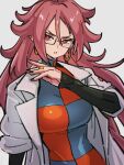 1girl android_21 black_nails black_sleeves breasts checkered_clothes checkered_dress dragon_ball dragon_ball_fighterz dress earrings fingernails glasses grey_background hair_between_eyes hoop_earrings jewelry kemachiku labcoat large_breasts long_hair looking_at_viewer red_eyes red_hair simple_background solo 