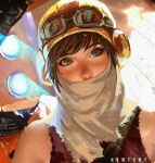  1girl artist_name brown_bandana brown_eyes brown_hair brown_headwear covered_mouth english_commentary goggles goggles_on_headwear joule_adams k-9_(recore) looking_at_viewer non-humanoid_robot nose numyumy realistic recore robot second-party_source solo 