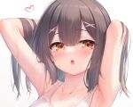  1girl arata_(xin) armpits arms_behind_head arms_up bangs bare_arms blush brown_hair fate/grand_order fate/kaleid_liner_prisma_illya fate_(series) hair_between_eyes hair_ornament hands_in_hair heart long_hair looking_at_viewer miyu_edelfelt open_mouth simple_background solo sweat upper_body white_background x_hair_ornament yellow_eyes 