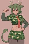  1girl abs animal_ears aurochs_(kemono_friends) black_pantyhose blush brown_eyes camouflage camouflage_shirt camouflage_skirt collared_shirt commentary cow_ears cow_girl cow_horns cow_tail cowboy_shot edano_kiui green_hair highres horns kemono_friends long_sleeves midriff miniskirt muscular muscular_female navel necktie pantyhose pencil_skirt red_necktie shirt short_hair short_sleeves skirt smile solo tail 