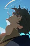  1boy black_hair brown_eyes cigarette clear_sky collared_shirt cowboy_bebop highres looking_up male_focus messy_hair pig_ggul shirt sky smoke smoke_trail smoking solo spike_spiegel yellow_shirt 