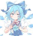  1girl ahoge bangs blue_bow blue_eyes blue_hair blue_vest bow cirno closed_mouth collared_shirt cryokinesis detached_wings dot_nose frog hair_bow half-closed_eye ice ice_wings light_blue_hair looking_at_viewer nankotsu neck_ribbon puffy_short_sleeves puffy_sleeves red_ribbon ribbon shirt short_hair short_sleeves solo speech_bubble sweatdrop touhou upper_body vest wavy_mouth white_background white_shirt wings 