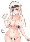  1girl animal_print baby_bottle bikini blonde_hair bottle breasts commentary_request cow_print cowboy_shot graf_zeppelin_(kancolle) grey_eyes hair_between_eyes hat highres holding holding_bottle kantai_collection large_breasts military_hat one-hour_drawing_challenge owa_(ishtail) peaked_cap sidelocks solo swimsuit tsurime twintails white_bikini white_headwear 