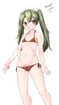  1girl absurdres bikini breasts cosplay dark_green_hair feet_out_of_frame green_eyes highres kantai_collection long_hair looking_at_viewer lowleg lowleg_bikini maru_(marg0613) mikuma_(kancolle) mikuma_(kancolle)_(cosplay) one-hour_drawing_challenge red_bikini side-tie_bikini simple_background small_breasts solo standing swimsuit tongue tongue_out twintails white_background zuikaku_(kancolle) 