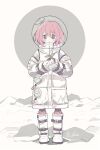  1girl artist_name astronaut bangs belt belt_boots blush boots buttons circle commentary english_commentary english_text gloves grey_theme hair_between_eyes highres holding holding_plant looking_at_object looking_down melanbread original pink_hair plant purple_eyes rock short_hair signature solo space_helmet spacesuit straight-on white_footwear white_gloves 
