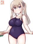  1girl alternate_costume artist_logo ass_visible_through_thighs blonde_hair blue_one-piece_swimsuit breasts cleaning_brush collarbone commentary_request competition_school_swimsuit cowboy_shot dated graf_zeppelin_(kancolle) grey_eyes hair_between_eyes kanon_(kurogane_knights) kantai_collection large_breasts one-hour_drawing_challenge school_swimsuit sidelocks simple_background solo standing swimsuit thigh_gap tsurime twintails white_background 