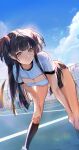  1girl absurdres black_hair blue_sky blush breasts brown_eyes cleavage closed_mouth clothing_cutout cloud day dolphin_shorts dutch_angle feet_out_of_frame fence gym_uniform hands_on_own_knees highres idolmaster idolmaster_shiny_colors kneehighs leaning_forward long_hair looking_at_viewer mayuzumi_fuyuko medium_breasts milin_(orange_maru) outdoors red_shorts shirt short_shorts short_sleeves shorts sky smile socks solo standing sweat t-shirt thighs two_side_up white_shirt 