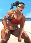  1girl abs armband bare_shoulders beach bikini blue_sky breasts brown_eyes brown_hair cleavage clenched_hand cloud collarbone commentary cowboy_shot dark-skinned_female dark_skin day hat highres large_breasts long_hair midriff mikel_(4hands) muscular muscular_female navel ocean open_mouth original outdoors ponytail red_bikini sky solo sportswear standing sweat swimsuit teeth upper_teeth visor_cap volleyball 