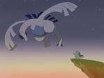  :d animal_focus cliff commentary flying lugia no_humans outdoors pic_koiwai pokemon pokemon_(creature) quagsire sky smile star_(sky) sunrise twilight 