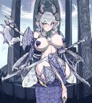  1girl absurdres areola_slip armor_removed bed bottomless breasts crossed_legs demon_girl demon_horns demon_wings duel_monster full_body grey_eyes halberd heart_pasties highres holding holding_sword holding_weapon horns huge_breasts lady_of_the_labrynth lovely_labrynth_of_the_silver_castle midriff navel no_panties oshiokitime pasties pointy_ears polearm sitting solo sword tearing_up twintails weapon white_hair wings yu-gi-oh! 