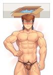  1boy abs absurdres animal_print bara black_hair blush box brown_hair bulge danganronpa:_trigger_happy_havoc danganronpa_(series) highres large_pectorals male_focus male_pubic_hair male_swimwear multicolored_hair muscular muscular_male navel nipples oowada_mondo pectorals penis penis_peek pompadour pubic_hair purple_eyes qwq1151h solo thong tiger_print 