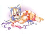  animal_ears bell blush breasts cleavage copyright_request grey_hair highres large_breasts long_hair nude red_eyes ribbon riki_(riki2) scan solo 