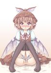  absurdres animal_ears black_legwear blush brown_hair fingernails hat highres long_fingernails marujin mystia_lorelei no_panties purple_eyes pussy short_hair sitting solo thighhighs touhou uncensored wings 