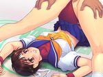  arms_up ass ass_grab blue_sailor_collar blush brown_hair buruma buruma_aside censored clenched_teeth clothed_sex flexible grabbing_another's_ass groping headband kasugano_sakura kneepits legs lying midriff on_back orange_eyes penis pleated_skirt pussy rape ribbon sailor_collar scared school_uniform serafuku sex skirt skirt_lift socks solo_focus spread_legs street_fighter teeth thighs top-down_bottom-up turtleneck vaginal wristband yoko_juusuke 