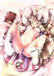  animal_ears bed_sheet blush book breasts cat_ears cat_tail censored hat long_hair lying medium_breasts mosaic_censoring navel nipples nude object_insertion on_back open_mouth patchouli_knowledge purple_eyes purple_hair pussy socks solo sugiyuu tail touhou 