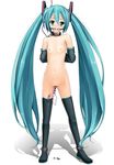  anal anal_beads aqua_eyes aqua_hair arms_behind_back bar_censor bdsm blush bondage boots bound censored collar detached_sleeves different_shadow eto flat_chest gag gagged hatsune_miku headset leash long_hair navel nipples nude ring_gag simple_background slim_legs solo spreader_bar sweat tears thigh_boots thighhighs trembling twintails very_long_hair vibrator vocaloid white_background 