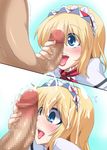  :d alice_margatroid blush censored cum cum_on_hair ejaculation facial fellatio handjob happy_facial hetero highres open_mouth oral penis penis_awe raiden_(raiden_labo) smile split_screen tongue touhou 