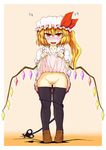  bad_proportions blonde_hair blush flandre_scarlet genb hat ponytail pussy pussy_juice red_eyes short_hair side_ponytail skirt skirt_lift solo thighhighs touhou uncensored wings 