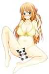  adjusting_hair bad_id bad_pixiv_id barefoot bikini_top black_eyes blush bottomless breasts censored cleavage covered_nipples cum curvy feet front-tie_top full_body hair_ribbon hanamaru_youchien large_breasts leg_up long_hair narusawa_kei navel novelty_censor orange_hair panda_neko plump ribbon simple_background sitting smile solo spread_legs yamamoto_nanako 