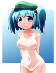  arms_behind_back blue_background blue_eyes blue_hair bow breasts brown_eyes frame gradient gradient_background hair_bobbles hair_bow hair_ornament hat kawashiro_nitori kusaba_(kusabashiki) looking_at_viewer medium_breasts navel nipples nude one-piece_tan pussy simple_background smile solo tan tanline thigh_gap touhou twintails two_side_up uncensored 