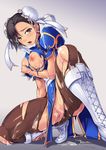  amei_sumeru boots breast_squeeze breasts brown_eyes brown_hair bukkake china_dress chinese_clothes chun-li cum dress highres large_breasts nipples open_mouth pantyhose pelvic_curtain sash short_hair solo street_fighter torn_clothes torn_legwear 