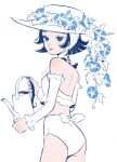  1girl 444_tn ass bikini black_hair blue_eyes blue_flower expressionless flower freckles hat highres looking_at_viewer morning_glory original short_hair simple_background solo swimsuit watering_can white_background white_bikini white_headwear white_sleeves 