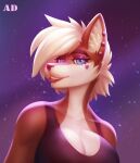  2022 andyd anthro blue_eyes breasts canid canine clothed clothing digital_media_(artwork) ear_piercing ear_ring eyebrows eyelashes female looking_at_viewer mammal piercing ring_piercing simple_background smile solo 
