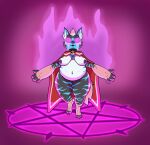  anthro bell bell_collar belly big_belly big_breasts big_nipples breasts cape chubby_female claws clothing collar cuddly cult cult_of_the_lamb cultist dramatic_lighting eyewear female fire fluffy genitals glasses glowing glowing_eyes glowing_tears hi_res hyaenid impish_hyena_(character) impishhyena mammal mohawk navel nipples overweight paws pentagram pussy slightly_chubby soft solo spread_arms summoning summoning_circle thick_arms thick_thighs wide_hips 