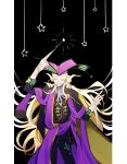  1boy absurdres arm_up baton_(conducting) black_background blonde_hair cape closed_eyes curly_hair fang fate/grand_order fate_(series) fingernails hat highres kittchi_(kmmr_004) long_hair long_sleeves male_focus open_mouth pillarboxed purple_headwear sharp_fingernails simple_background smile solo star_(symbol) very_long_hair wolfgang_amadeus_mozart_(fate) 