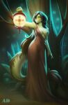  2022 andyd anthro areola black_hair breasts clothed clothing detailed_background digital_media_(artwork) dragon eyebrows eyelashes female hair hi_res night nipples non-mammal_breasts orange_eyes outside solo wingless_dragon 