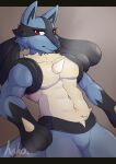  anthro black_body black_ears black_fur blue_body blue_fur featureless_crotch fur generation_4_pokemon hako hi_res looking_at_viewer low-angle_view lucario male muscular muscular_anthro muscular_male nintendo pokemon pokemon_(species) red_eyes solo solo_focus spikes spikes_(anatomy) video_games 