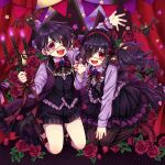  1boy 1girl bat_(animal) black_hair bug butterfly candle candlelight candlestand dress eyepatch flower gothic gothic_lolita highres lolita_fashion long_hair long_sleeves looking_at_viewer nail_polish one_eye_covered original purple_butterfly purple_eyes red_eyes red_flower rii_(pixiv11152329) rose short_hair shorts siblings twins wavy_hair 