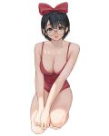  1girl absurdres bare_legs barefoot black_hair bow breasts brown_eyes cleavage glasses hair_bow highres large_breasts leotard looking_at_viewer mole mole_under_mouth original parted_lips red_bow red_leotard rinotuna shadow short_hair simple_background solo white_background 