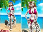  2022 anthro beach bikini black_spots breasts brown_hair clothing day detailed_background digital_media_(artwork) eyebrows eyelashes felid female fur grey_body grey_fur hair mammal midriff mifa navel open_mouth outside pantherine sand seaside shoreline sky small_waist snow_leopard solo spots spotted_body spotted_fur standing swimwear teeth tongue water wide_hips 