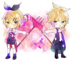  1boy 1girl :t absurdres bangs black_bow black_footwear black_pants black_shorts blonde_hair blue_eyes blue_gemstone blush bow bowtie chibi collared_shirt dress_shirt eye_contact fork full_body gem hair_between_eyes hair_bow highres holding holding_fork holding_knife kagamine_len kagamine_rin kneehighs knife kurebe long_sleeves looking_at_another low_ponytail okochama_sensou_(vocaloid) open_mouth oversized_object pants puffy_pants red_gemstone shirt short_ponytail shorts siblings socks standing tailcoat v-shaped_eyebrows vocaloid white_bow white_bowtie white_shirt white_socks 