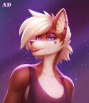  2022 andyd anthro blue_eyes canid canine clothed clothing digital_media_(artwork) ear_piercing ear_ring eyebrows eyelashes girly looking_at_viewer male mammal piercing ring_piercing simple_background smile solo 