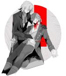  2boys absurdres antonio_salieri_(fate) antonio_salieri_(human)_(fate) antonio_salieri_(second_ascension)_(fate) ascot bags_under_eyes blood blood_on_knife blood_splatter closed_eyes coat crosshatching death dual_persona fate/grand_order fate_(series) formal gloves greyscale hair_between_eyes hair_ribbon half_updo hatching_(texture) highres kittchi_(kmmr_004) knife long_sleeves lying_on_person male_focus monochrome multiple_boys parted_lips pinstripe_pattern pinstripe_suit pinstripe_vest ribbon short_hair simple_background spot_color striped suicide suit vest white_background 