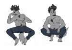  anthro barefoot beard black_beard black_hair black_nipples blue_bottomwear blue_clothing blue_jeans blue_pants bottomwear brown_belt canid canine canis chest_tuft clothing crouching denim denim_clothing eye_scar facial_hair facial_scar feet fur grey_body grey_fur hair hand_on_stomach hi_res javigameboy jeans lidded_eyes lucas_(javigameboy) lying male mammal navel nipples on_back one_eye_closed pants scar sharp_teeth shirtless slightly_chubby solo teeth tiptoes tuft underbite wolf 