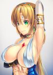  1girl \||/ armpits between_breasts blonde_hair breast_hold breasts bridal_gauntlets circlet cleavage closed_mouth commentary covered_nipples cross-laced_clothes dancer earrings forehead gem green_eyes hair_between_eyes highres jewelry large_breasts long_hair looking_at_viewer luupechi original revealing_clothes simple_background solo upper_body wavy_mouth white_background yuri_(luupechi) 
