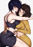  2girls asymmetrical_docking bangs bike_shorts black_hair black_shorts black_sports_bra blunt_bangs breast_press breasts brown_eyes brown_hair from_side highres kawakami_sadayo looking_at_viewer medium_breasts medium_hair midriff multiple_girls navel open_mouth pants parted_lips persona persona_5 red_eyes shadertoons shirt short_hair shorts simple_background small_breasts sports_bra stomach takemi_tae thighs tongue tongue_out white_background yellow_pants yellow_shirt yoga_pants yuri 