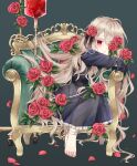  1girl blonde_hair blood blood_bag chair child closed_mouth dress female_child flower grey_background highres intravenous_drip long_hair one_eye_covered original purple_eyes red_flower red_rose rii_(pixiv11152329) rose sitting solo wavy_hair 