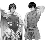  2boys ahoge arash_(fate) armor armpits bangs belt black_hair cape covered_abs covered_navel dark-skinned_male dark_skin earrings egyptian egyptian_clothes fate/grand_order fate_(series) gloves grin hair_between_eyes hand_on_hip highres jewelry kimidake male_focus monochrome multiple_boys muscular muscular_male ozymandias_(fate) shiny shiny_clothes short_hair skin_tight smile white_cape 