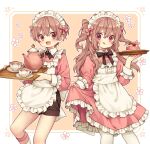  1boy 1girl apron brown_hair cake cup flower food highres kettle long_hair looking_at_viewer maid maid_apron maid_headdress matching_outfit multicolored_background open_mouth original pink_background pink_flower pink_theme purple_eyes red_eyes rii_(pixiv11152329) short_hair siblings socks teacup tongue tongue_out tray twins wavy_hair white_background 