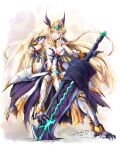  1girl absurdres alternate_costume bangs blonde_hair breasts chest_jewel greatsword highres holding holding_sword holding_weapon huge_weapon large_breasts long_hair mythra_(xenoblade) shagaru_magala_(armor) simple_background sofusan1526 solo swept_bangs sword very_long_hair weapon white_background xenoblade_chronicles_(series) xenoblade_chronicles_2 yellow_eyes 