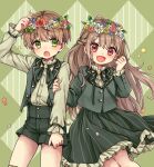  1boy 1girl blush brown_hair closed_mouth dress facing_viewer flower green_eyes green_theme head_wreath highres long_hair looking_at_another looking_at_viewer matching_outfit open_mouth original pink_eyes rii_(pixiv11152329) short_hair shorts siblings smile twins wavy_hair 