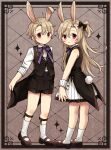  1boy 1girl animal_ears blonde_hair blush closed_mouth expressionless frown full_body highres loafers long_hair looking_at_viewer looking_back matching_outfit original rabbit_boy rabbit_ears rabbit_girl rabbit_tail red_eyes rii_(pixiv11152329) shoes short_hair shorts siblings skirt socks tail tailcoat twins 